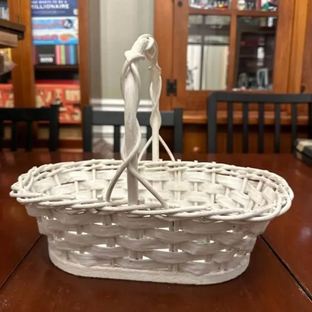Vintage White Wicker Woven Basket with Wood Bottom